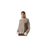 Sweater de punto Eme Studios modelo Badge Muddy Brown Stripes, de diseño oversize a rayas verticales en tonos beige y marrón, con cuello redondo y el logotipo de la marca bordado en el pecho.