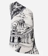 Blusa sin mangas confeccionada en viscolino con 19% de lino, con bretel ancho, escote hombro único, bajo asimétrico y estampa ilustrada del Parque Lage.