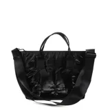 Bolso negro tipo tote con diseño capitoneado, doble asa corta y cierre superior.