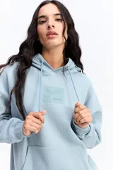 Canguro de algodón con capucha y bolsillo frontal, de diseño urbano y corte holgado. Presenta un parche rectangular en el pecho con detalles gráficos y el logo de la marca Mistral.