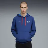 Buzo con capucha Puma de la colección BMW Motorsport, color azul con cordones rojos en contraste. Presenta el logo de Puma y el emblema de BMW Motorsport estampados en el pecho, con bolsillo tipo canguro frontal.