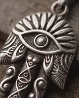 Dije de acero con diseño de mano de Fátima (Hamsa) con detalles grabados y un ojo en el centro.