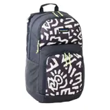 Mochila Rip Curl Chaser de 33 litros, color negro con estampado abstracto en blanco y detalles en verde flúor.
