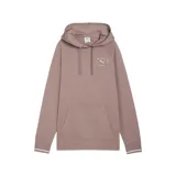 Canguro Puma de corte relajado, color malva, con capucha ajustable mediante cordones, bolsillo frontal tipo canguro y logo de la marca estampado en el pecho. Presenta puños con detalle de líneas en contraste.