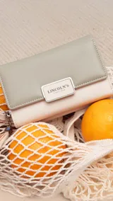 Billetera mediana Lincoln's de símil cuero en combinación de tonos beige y marrón, con presilla frontal, placa metálica con logo grabado y correa de muñeca incorporada.