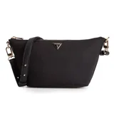 Bandolera Guess modelo Mauve, color negro, con correa ajustable, cierre superior y logo triangular dorado en el frente.