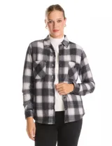 Sobrecamisa de tejido soft con interior afelpado, diseño a cuadros en tonos azules y blancos, cuello con solapa, cierre frontal con botones y bolsillos aplicados en el pecho.