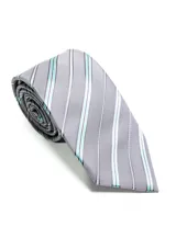 Corbata de seda azul marino con estampado paisley en tonos rosados y blancos.