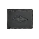 Billetera Rip Curl de cuero sintético color negro, con diseño plegable y costuras decorativas en contraste. Presenta el logo de la marca en relieve en la parte frontal.