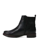 Botas de caña baja marca Bottero, confeccionadas en cuero negro con acabado liso. Presentan un diseño clásico con punta redondeada, cierre lateral para facilitar el calce y una tira decorativa con hebilla metálica en el tobillo. La suela es de goma con un pequeño taco cuadrado y detalle de borde en tono marrón.