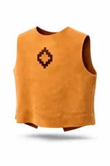 Chaleco de gamuza color tostado con cuello redondo y diseño de guarda pampa en el pecho.