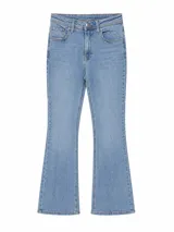 Jean de corte flare color azul claro, con tiro alto y diseño clásico de cinco bolsillos.