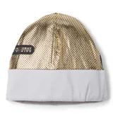 Gorro de lana con pompón, diseño tricolor con bloques en gris y blanco, y logo de la marca tejido en el frente. Cuenta con forro interior de polar y tecnología de aislamiento térmico.