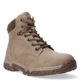Botas acordonadas de estilo outdoor, color beige, con cuello acolchado en tono marrón y suela de goma dentada para mayor tracción.