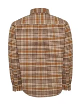 Camisa de manga larga RKF modelo Padua, confeccionada en franela de algodón orgánico cepillado con estampado de cuadros en tonos marrones y beige. Presenta cuello camisero, cierre frontal con botones de madera y dos bolsillos frontales con solapa.