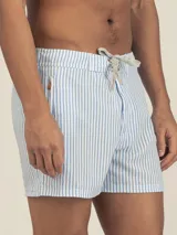 Short de baño para hombre con estampado de rayas verticales celestes y blancas. Posee pretina con cordón regulable, dos bolsillos laterales y un bolsillo trasero con cierre.