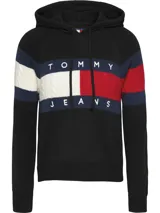 Sweater con capucha Tommy Jeans de tejido de punto negro con franjas horizontales con los colores de la marca y logo "Tommy Jeans" en el pecho.