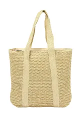 Bolso tipo tote de paja tejida en color natural, con asas trenzadas. Presenta un detalle colgante decorativo con borla y cuentas de madera.