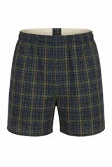 Pack de tres boxers de tela tipo woven de la marca Fruit of the Loom. Presentan diseños a cuadros en tonos azul, verde y amarillo, con cintura elástica y corte holgado.