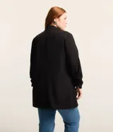 Blazer marrón de crepé de viscosa, corte alargado, sin cierre y mangas fruncidas.