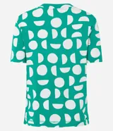 Blusa de viscosa con cuello redondo, manga corta y diseño con nudo lateral. Presenta un estampado geométrico de semicírculos blancos sobre fondo verde.