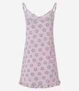 Camisón corto de microfibra con estampado de ojos griegos, breteles ajustables y volados en el ruedo.