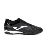 Championes deportivos Joma para fútbol 5, color negro con detalles en blanco. Fabricados en material sintético Fibertech resistente y ligero, con sistema de transpiración VTS y contrafuerte trasero EXO Counter.