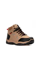 Botas de trekking Ecko modelo Moai, en color beige y negro con detalles en rojo. Tienen cordones bicolor negros y rojos, suela chunky dentada y refuerzos en puntera y talón.