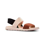 Sandalias bajas color verde oliva, con tiras anchas de tejido trenzado y suela de goma color rosa.