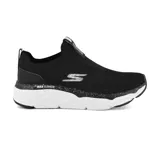 Championes Skechers Max Cushioning Elite negros con suela blanca y logo plateado.