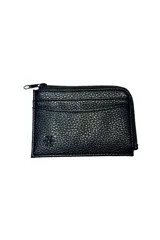 Billetera negra de cuerina con cierre superior y múltiples compartimentos para tarjetas.