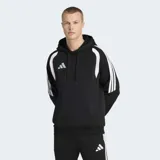 Canguro deportivo Adidas de corte holgado, confeccionado en tejido polar. Presenta capucha con cordón de ajuste, puños acanalados, bolsillos con cierre y diseño con inserciones en el pecho y las icónicas tres tiras en las mangas.