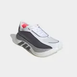 Championes de running Adidas Hyperboost Edge, color blanco con detalles en gris y negro, con diseño de suela gruesa y amortiguación avanzada.