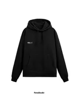 Hoodie negro de corte amplio con capucha y estampa gráfica en la espalda que incluye el logo de la marca y tipografía cursiva.