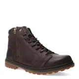 Botas de cuero marrón oscuro tipo borcego, con cordones frontales, cierre lateral y suela de goma acanalada.
