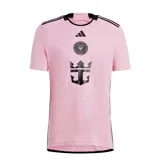 Camiseta de fútbol Adidas del Inter Miami CF, temporada 24/25, color rosa con detalles en negro. Presenta cuello redondo, logo de Adidas y escudo del club en el pecho, junto con el logo de Royal Caribbean en la parte central.