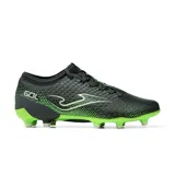 Championes de fútbol Joma modelo Gol 2622 FG, color negro con detalles en verde neón. Presentan un diseño texturizado en la parte superior para un mejor control del balón, cierre con cordones y suela con tacos para terreno firme.
