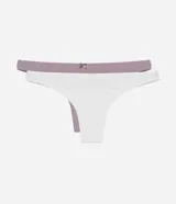 Kit de dos bombachas tipo hilo doble, una blanca y una lila, ambas con un pequeño moño central. Confeccionadas principalmente en algodón.