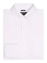 Camisa de manga larga color blanco, con cuello abotonado, bolsillo frontal en el pecho con logo bordado y cierre frontal de botones.