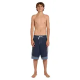 Boardshort de baño Billabong modelo Spec Systems Pro, de corte largo en color azul marino con paneles laterales en tonos celestes y grises, y cordón ajustable blanco en la cintura.