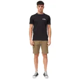 Remera negra de manga corta con cuello redondo y ribete con diseño de ondas en cuello y mangas. Logo de Billabong estampado en el pecho.