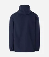 Chaqueta deportiva masculina de color azul marino, confeccionada en tejido técnico repelente al agua con acabado texturizado. Presenta cierre frontal con cremallera, capucha integrada y estampado de coordenadas en el pecho.