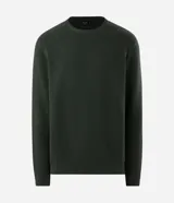 Suéter de punto para hombre, color celeste, con textura acanalada horizontal, cuello redondo y mangas largas con puños ajustados.
