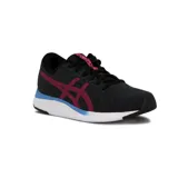 Championes de running Asics Streetwise para mujer, en color negro con detalles en rosado y un toque celeste en la suela.