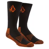Pack de tres pares de medias deportivas Volcom de caña media, color negro con detalles en naranja. Presentan el logo de la marca bordado en la parte superior y refuerzos en talón y puntera.