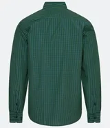 Camisa de vestir de hombre, corte slim fit, con cuello camisero y abotonadura frontal. Estampado de mini cuadros en tonos verde y azul.