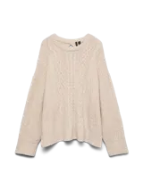 Sweater de punto color beige, con cuello redondo, mangas largas y diseño holgado con tejido de ochos.