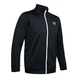 Campera deportiva Under Armour de corte clásico, confeccionada en tejido tricot texturizado. Presenta cuello alto, cierre frontal completo en color blanco y logo de la marca estampado en el pecho.