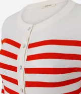 Cardigan de punto Marfinno con diseño de rayas horizontales rojas y blancas, de corte ajustado, cuello redondo, manga larga y cierre frontal con botones.