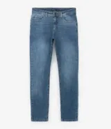 Pantalón de jean corte slim, con diseño clásico de cinco bolsillos, cierre frontal con cremallera y botón, y costuras reforzadas.
